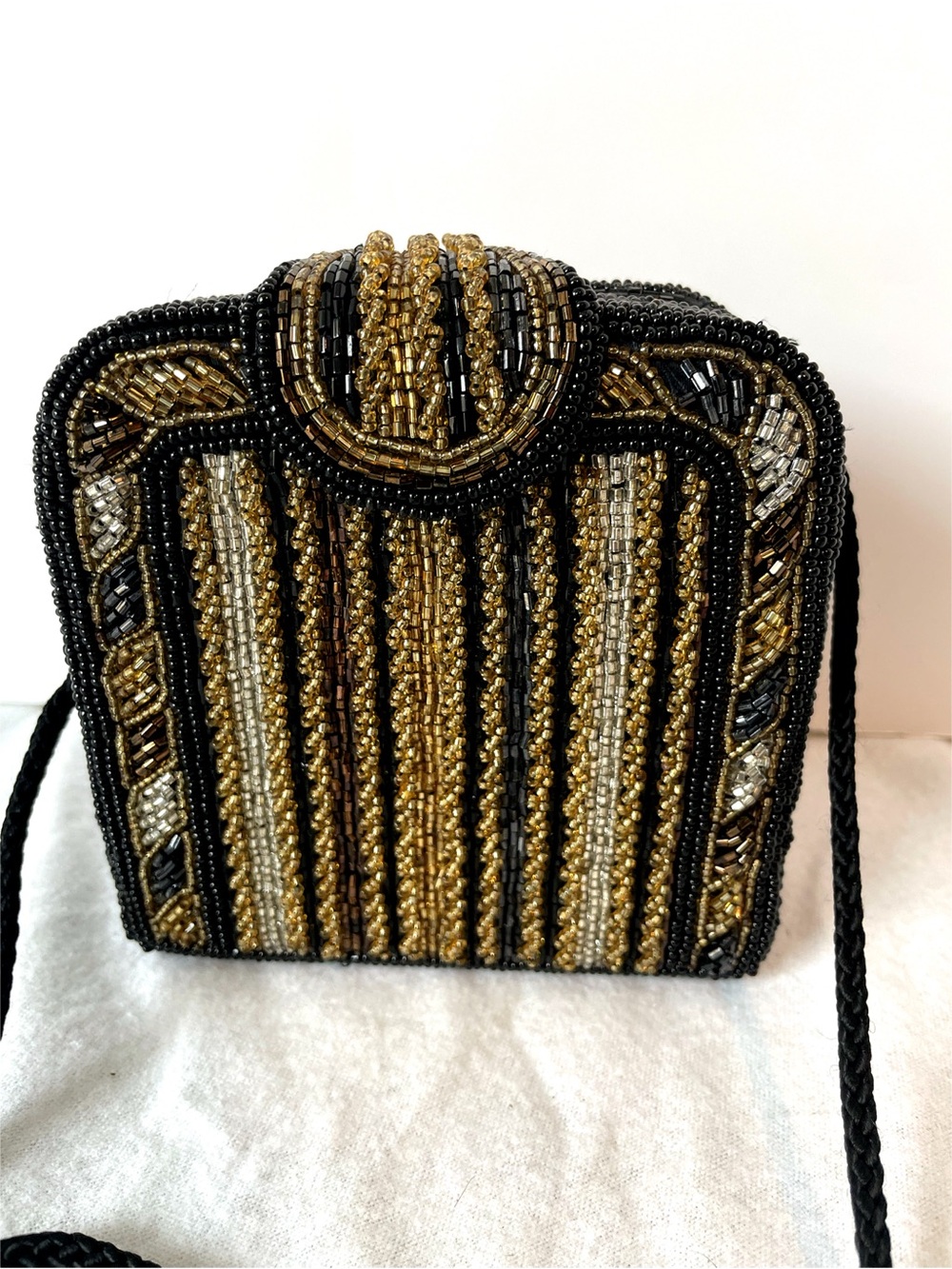 Vintage Beaded Art Deco Purse Black Gold Silver Women’s Formal Evening Bag